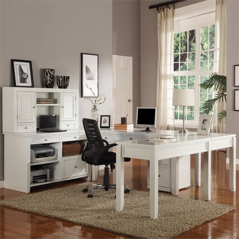 Pemberly Row Solid Wood Home Office Credenza Desk/Hutch in Cottage White