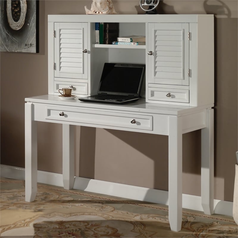 Pemberly Row Solid Wood Home Office Desk with Hutch in Cottage White