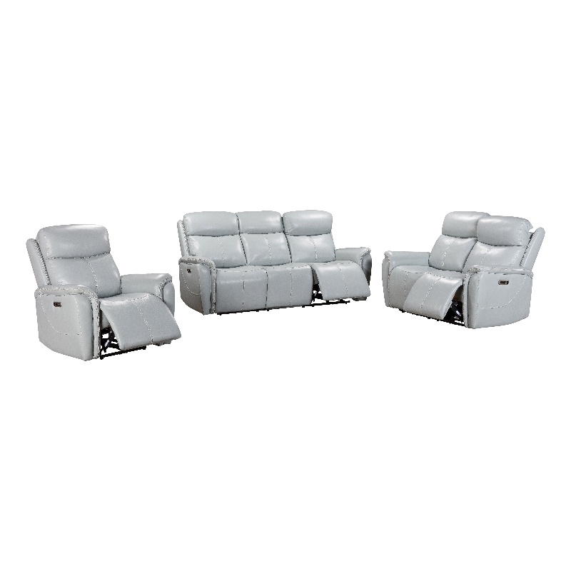 Pemberly Row Seamist Grey Power Reclining Sofa Loveseat and Recliner
