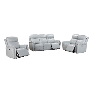 Pemberly Row Seamist Grey Power Reclining Sofa Loveseat and Recliner