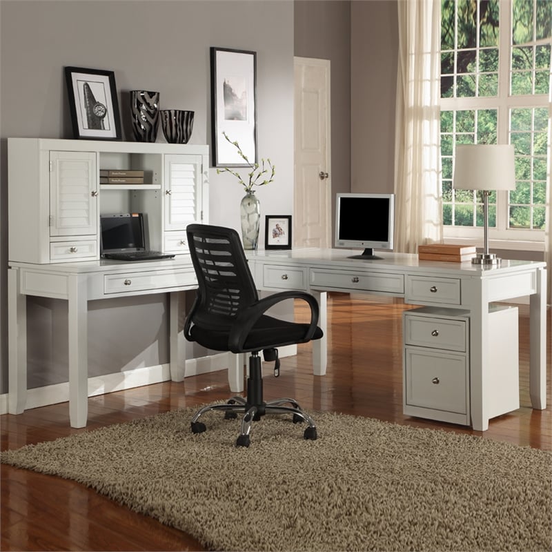 Pemberly Row 5 Piece L-Shape Desk with Lateral File and Hutch