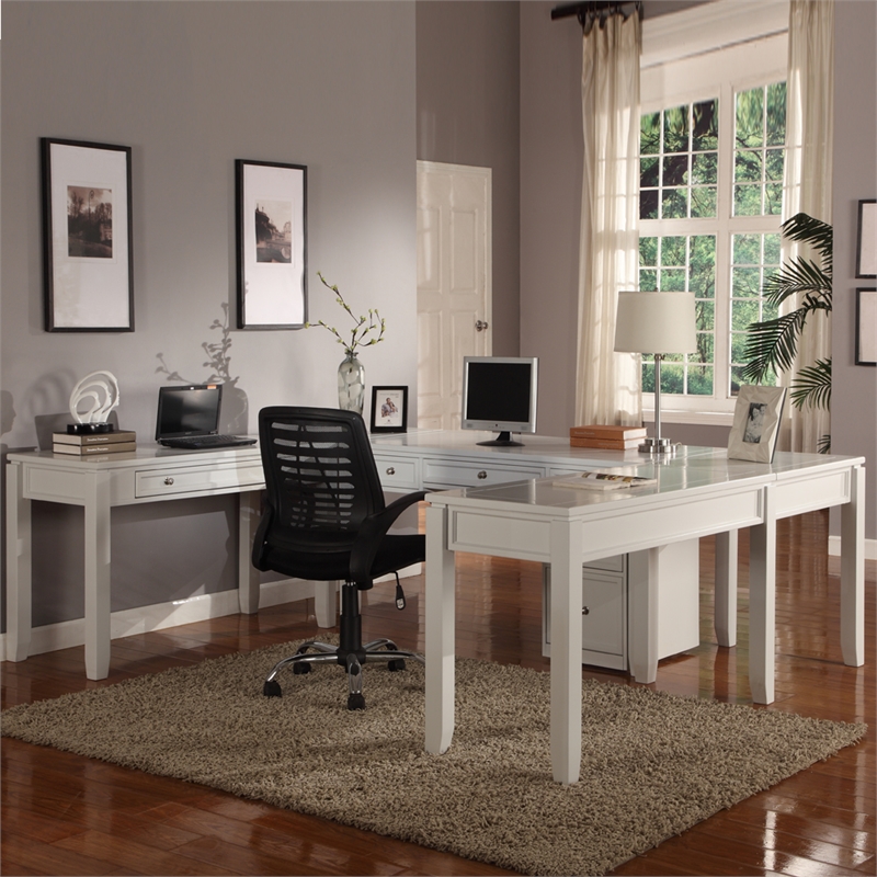 Pemberly Row Solid Wood 5PC U-Shaped Home office Desk in Cottage White