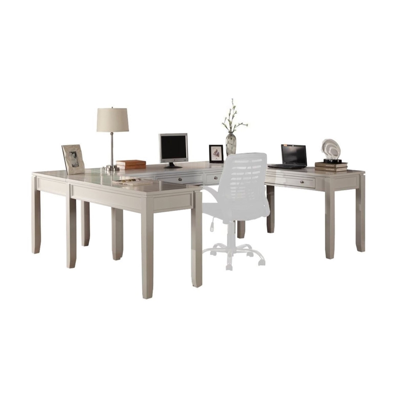 Pemberly Row Solid Wood 5PC U-Shaped Home office Desk in Cottage White