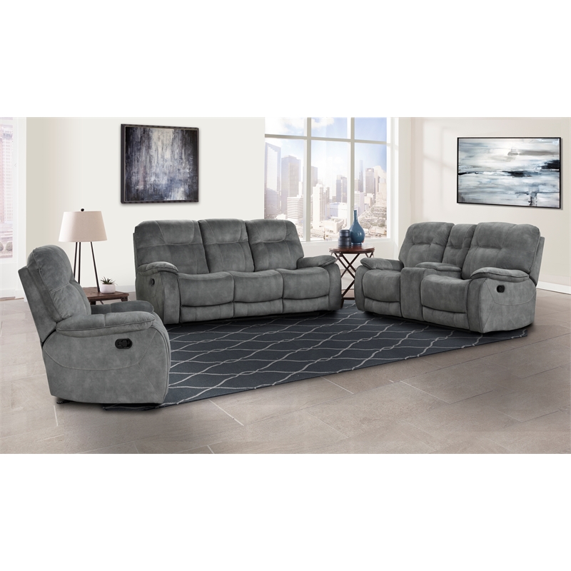 Pemberly Row Shadow Grey Manual Reclining Sofa Loveseat and Recliner