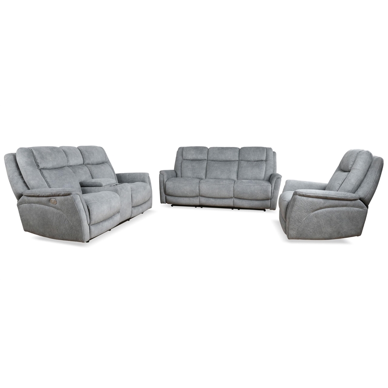 Pemberly Row Hudson Grey Power Reclining Sofa Loveseat and Recliner
