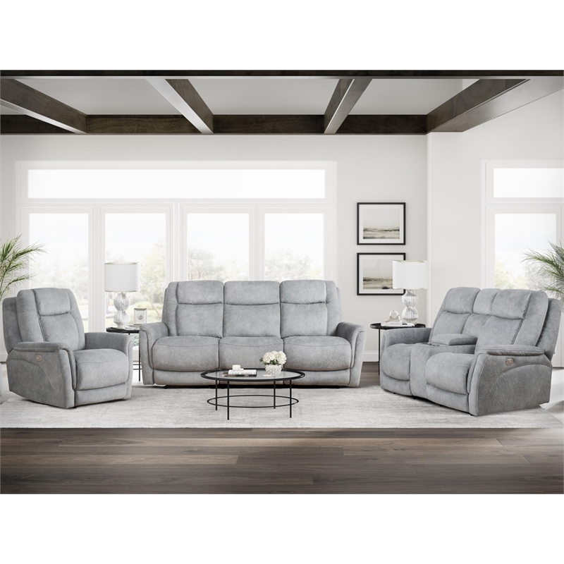 Pemberly Row Hudson Grey Power Reclining Sofa Loveseat and Recliner
