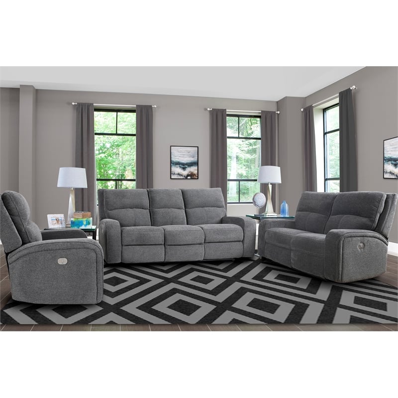 Pemberly Row Bizmark Grey Power Reclining Sofa Loveseat and Recliner