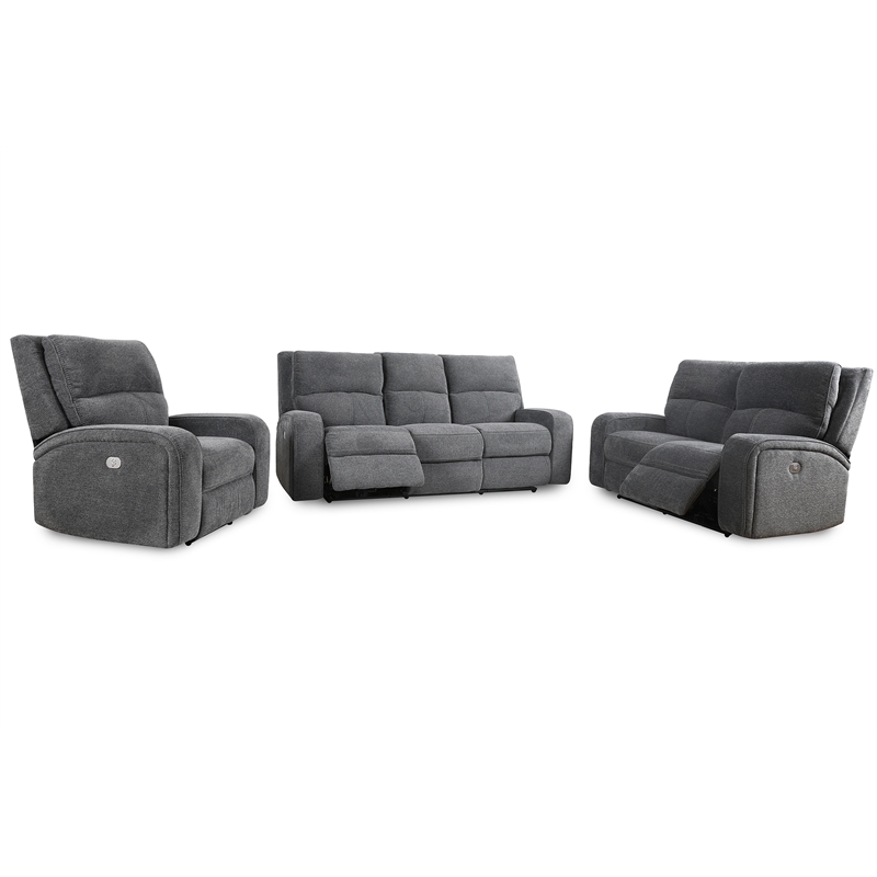 Pemberly Row Bizmark Grey Power Reclining Sofa Loveseat and Recliner