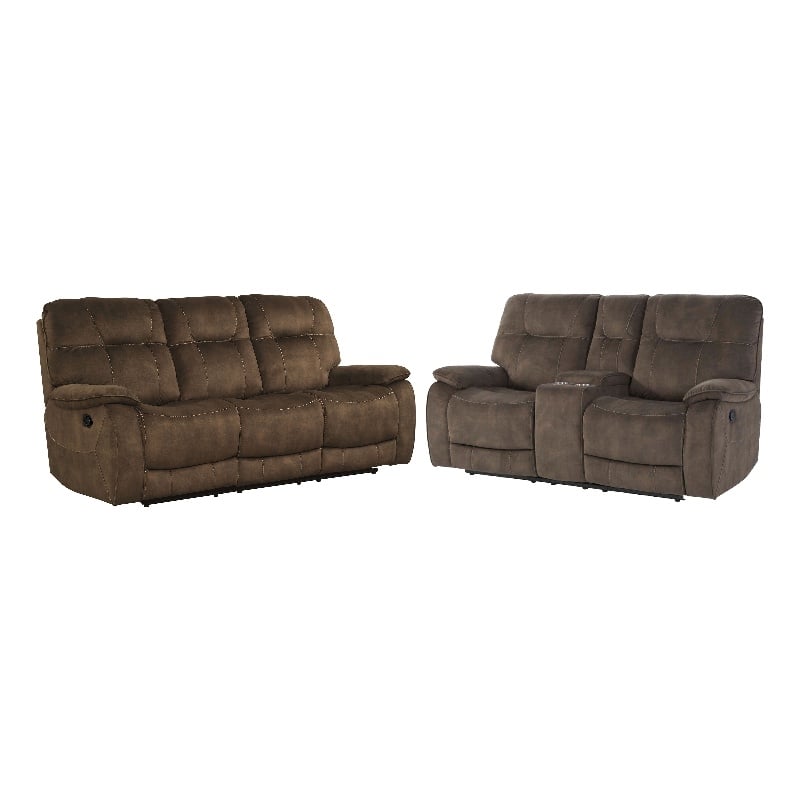 Pemberly Row Shadow Brown Manual Reclining Sofa and Loveseat