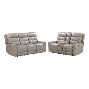 Pemberly Row Pewter Power Reclining Zero Gravity Sofa and Loveseat