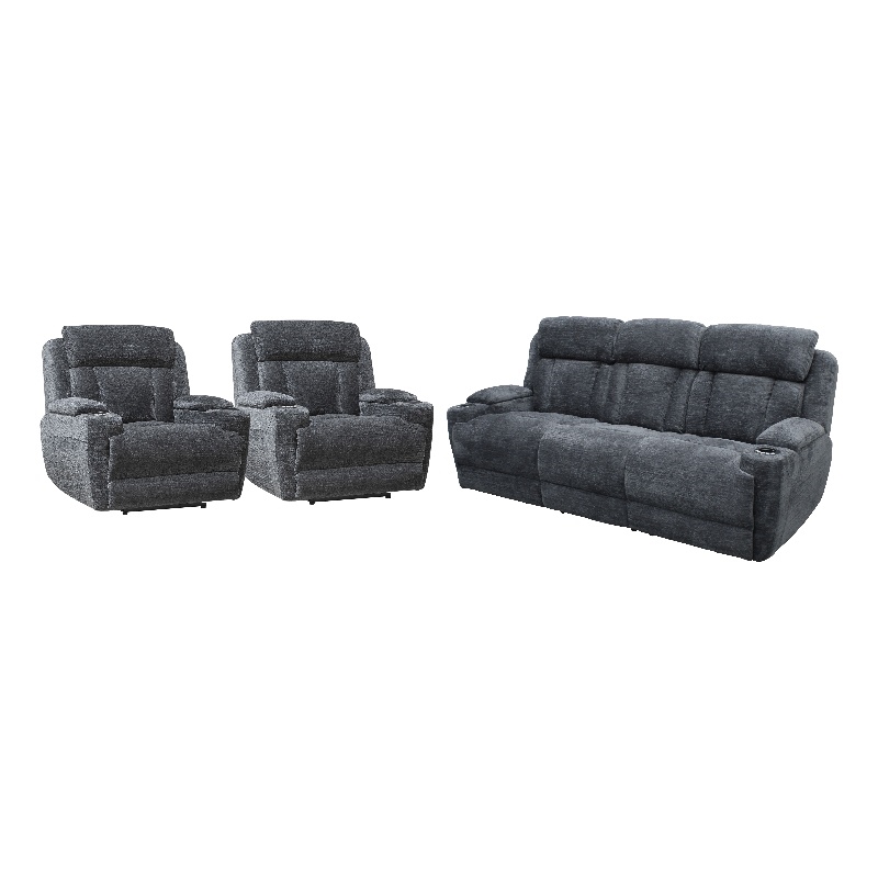 Pemberly Row Charcoal Power Reclining Sofa and Two Recliners