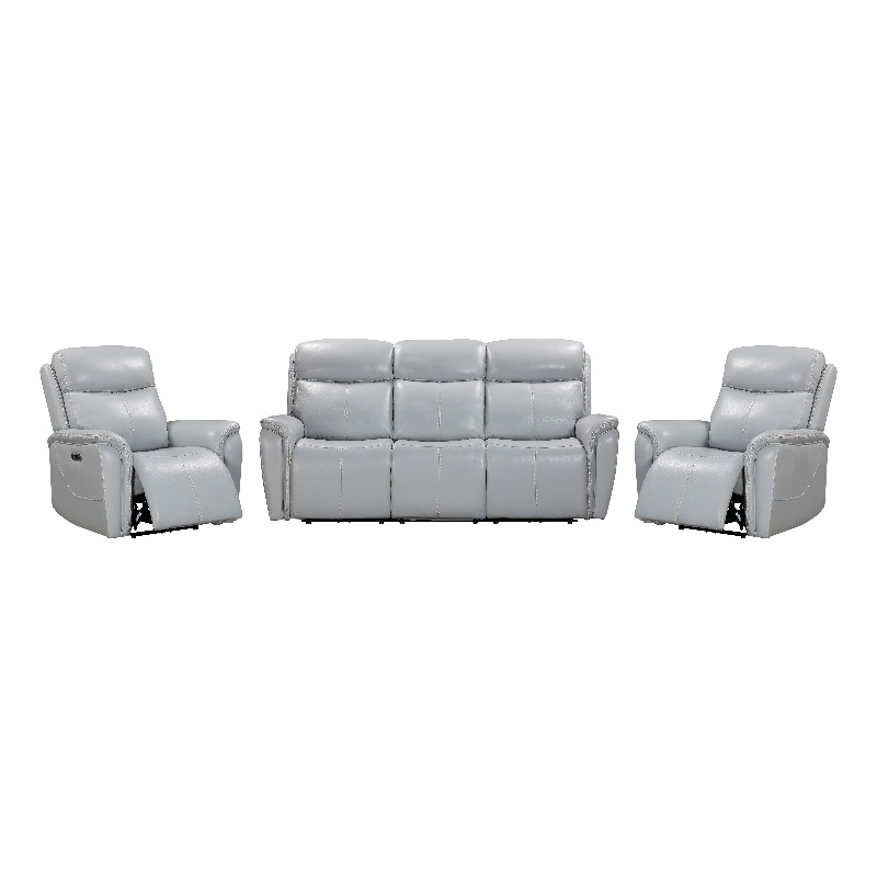 Pemberly Row Seamist Grey Power Reclining Sofa and Two Recliners