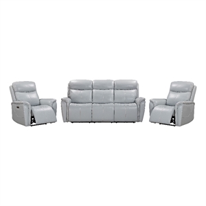 Pemberly Row Seamist Grey Power Reclining Sofa and Two Recliners