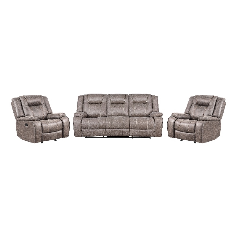 Pemberly Row Desert Taupe Manual Glider Reclining Sofa and Two Recliners