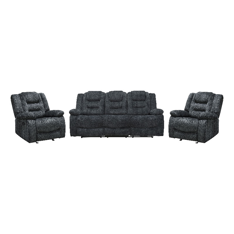 Pemberly Row Misty Storm Manual Glider Reclining Sofa and Two Recliners