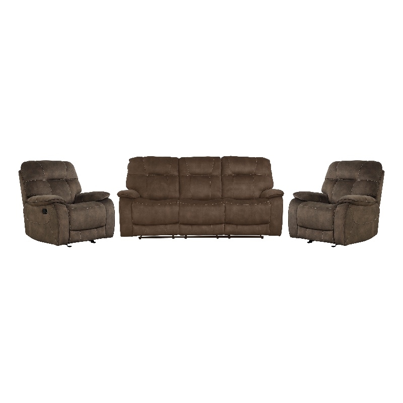 Pemberly Row Shadow Brown Manual Glider Reclining Sofa and Two Recliners