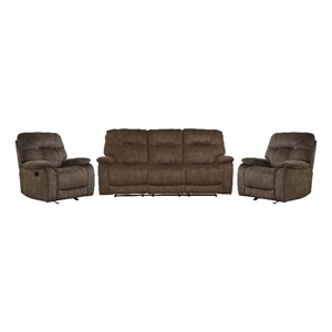 Pemberly Row Shadow Brown Manual Glider Reclining Sofa and Two Recliners