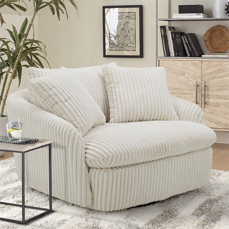 Pemberly Row Mega Ivory Large Swivel Chair with 2 Toss Pillows Two Pack