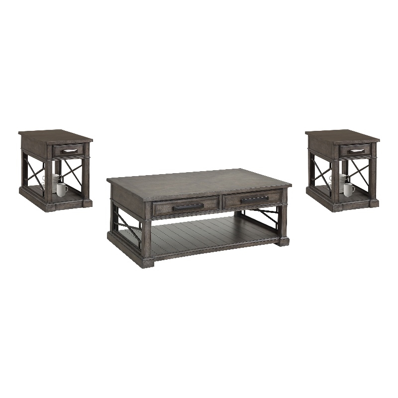 Pemberly Row Smokey Grey Cocktail Table with 2 Chairside Tables