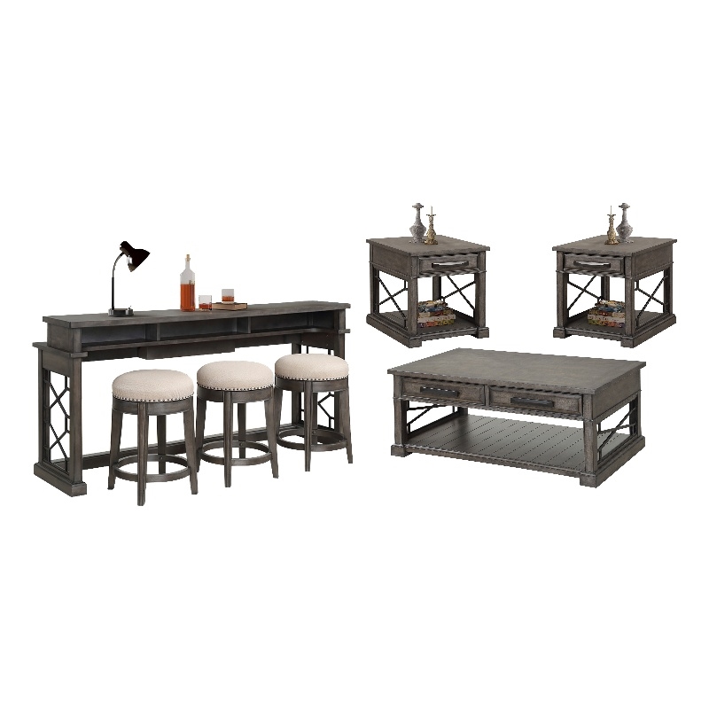 Pemberly Row Smokey Grey Cocktail with 2 End and Console with 3 Stools