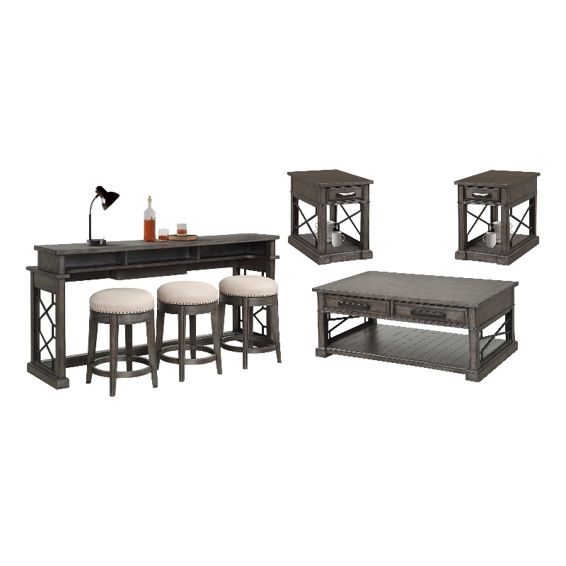 Pemberly Row Smokey Grey Cocktail 2Chairside and Console Table 3 Stools
