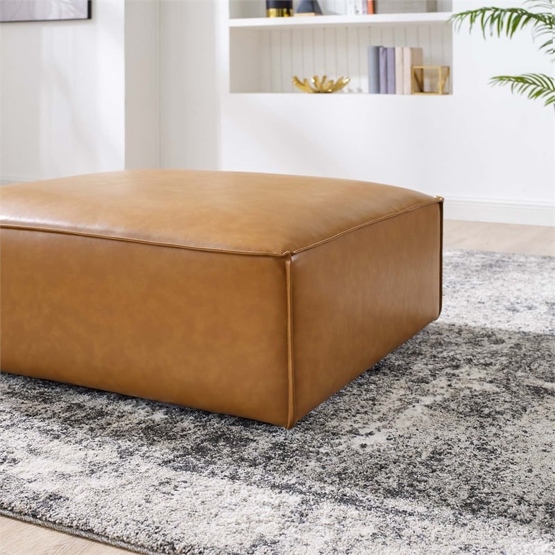 Pemberly Row Modern Upholstered Faux Leather Ottoman in Tan Finish
