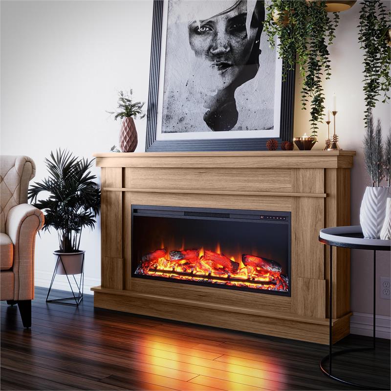 Pemberly Row Wide Mantel with Linear Electric Fireplace in Walnut