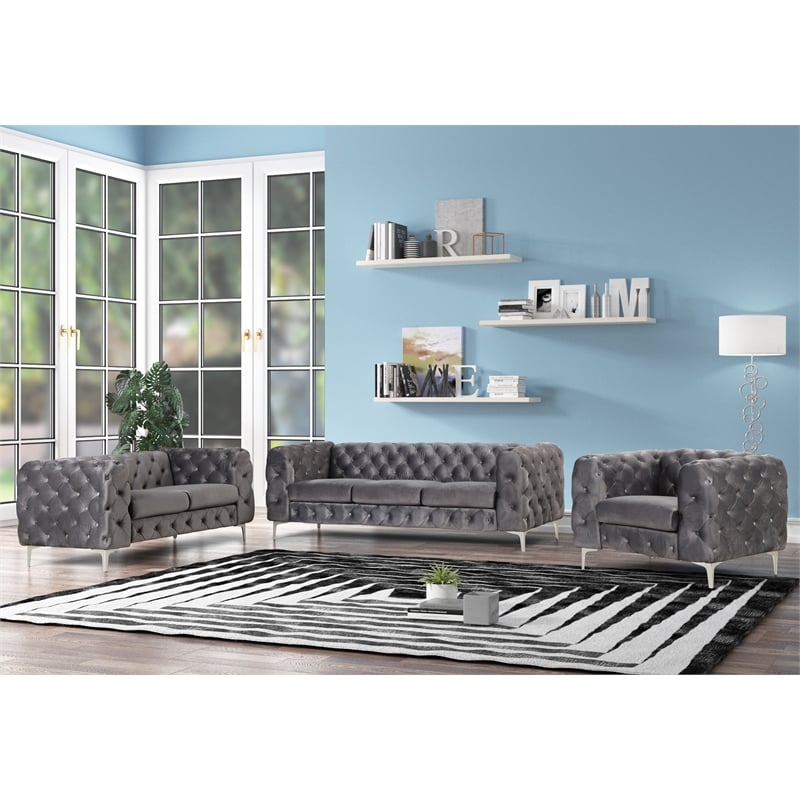 Pemberly Row 3- Piece Button Tufted Velvet Fabric Sofa Set -Gray