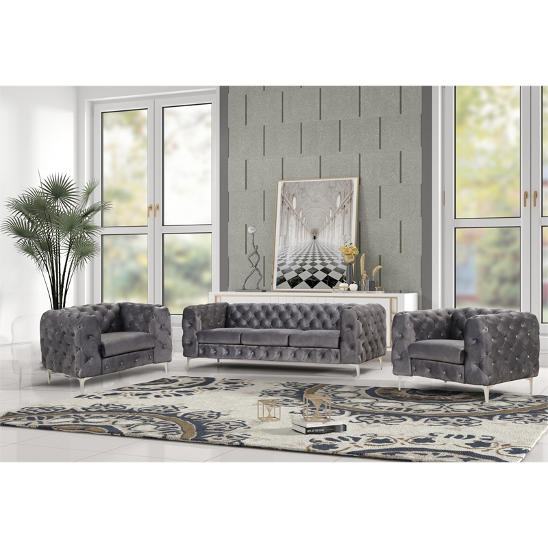 Pemberly Row Velvet Fabric Sofa and Two Chairs Living Room Furniture Set in Gray