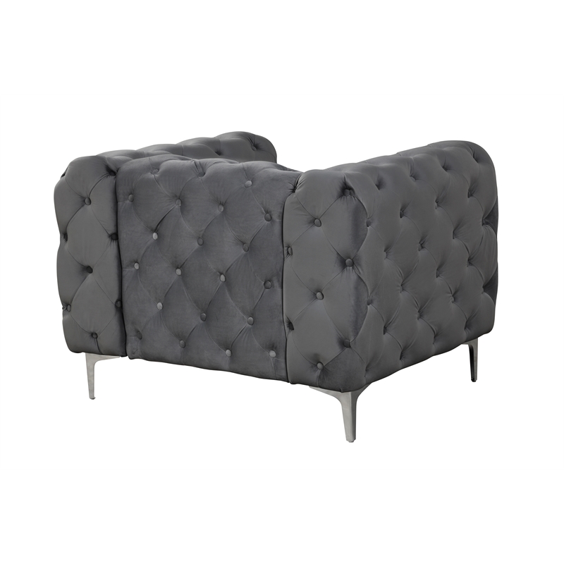 Pemberly Row Velvet Fabric Sofa and Two Chairs Living Room Furniture Set in Gray