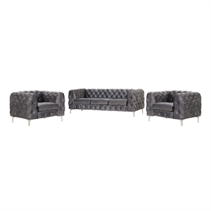 Pemberly Row Velvet Fabric Sofa and Two Chairs Living Room Furniture Set in Gray