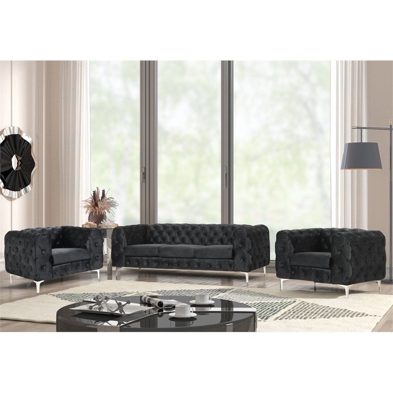 Pemberly Row 3- Piece Button Tufted Velvet Fabric Livingroom Set in Black