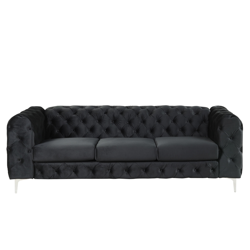 Pemberly Row 3- Piece Button Tufted Velvet Fabric Livingroom Set in Black