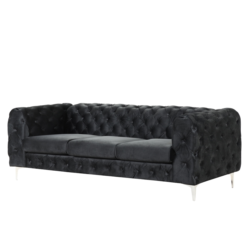 Pemberly Row 3- Piece Button Tufted Velvet Fabric Livingroom Set in Black