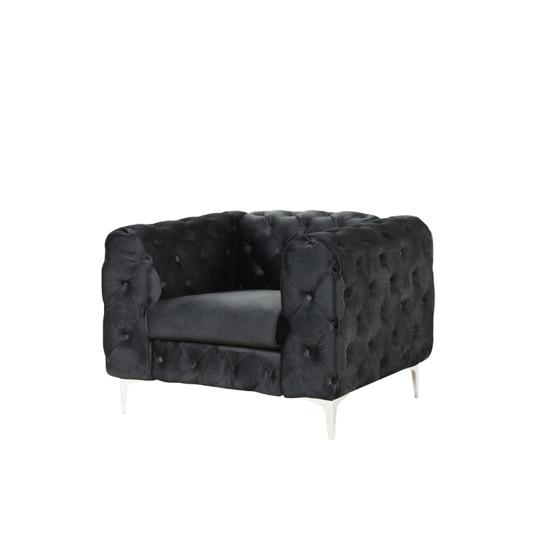 Pemberly Row 3- Piece Button Tufted Velvet Fabric Livingroom Set in Black