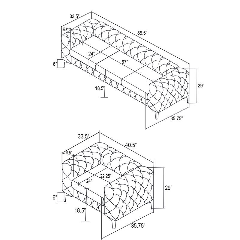 Pemberly Row 3- Piece Button Tufted Velvet Fabric Livingroom Set in Black