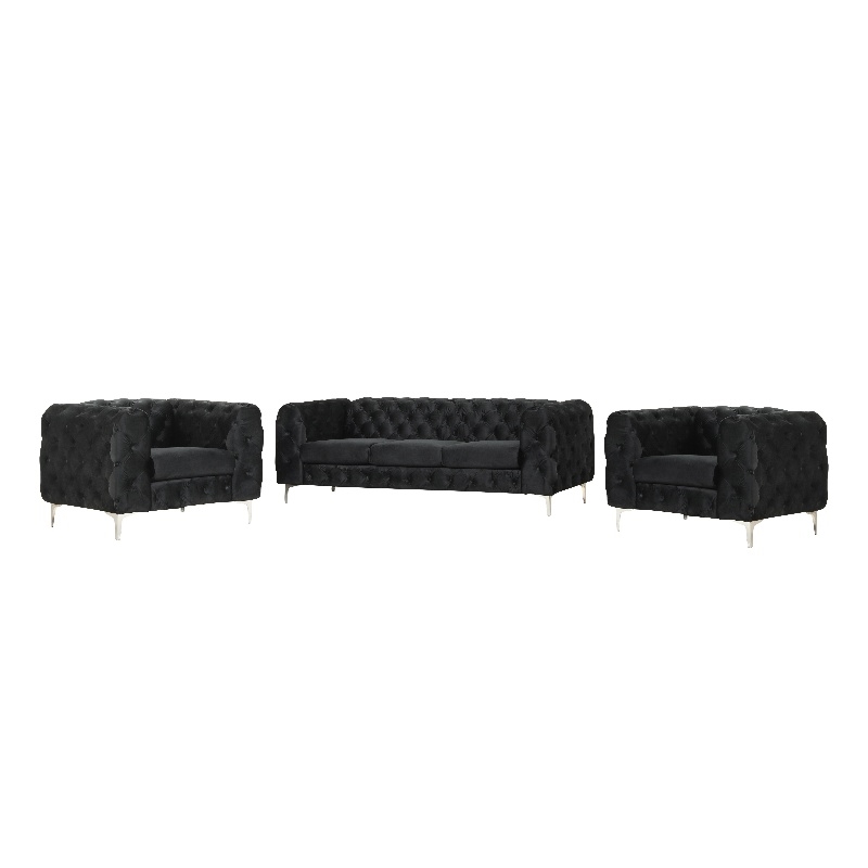 Pemberly Row 3- Piece Button Tufted Velvet Fabric Livingroom Set in Black