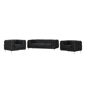 Pemberly Row 3- Piece Button Tufted Velvet Fabric Livingroom Set in Black