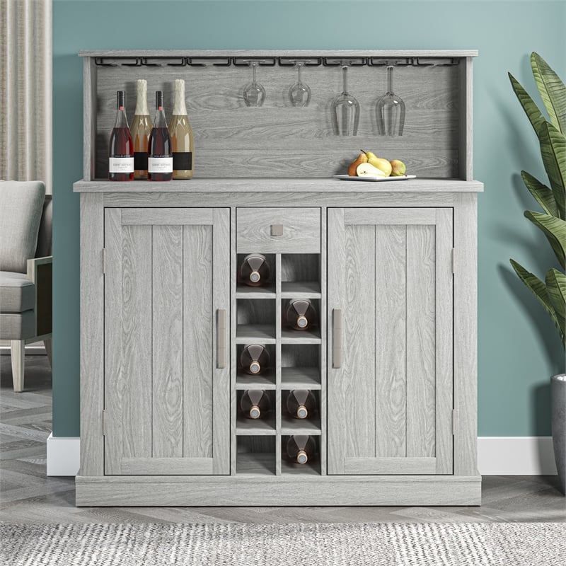 Pemberly Row 47 in. Grey Buffet Bar Cabinet Wine Rack w/ Wood Pattern Countertop