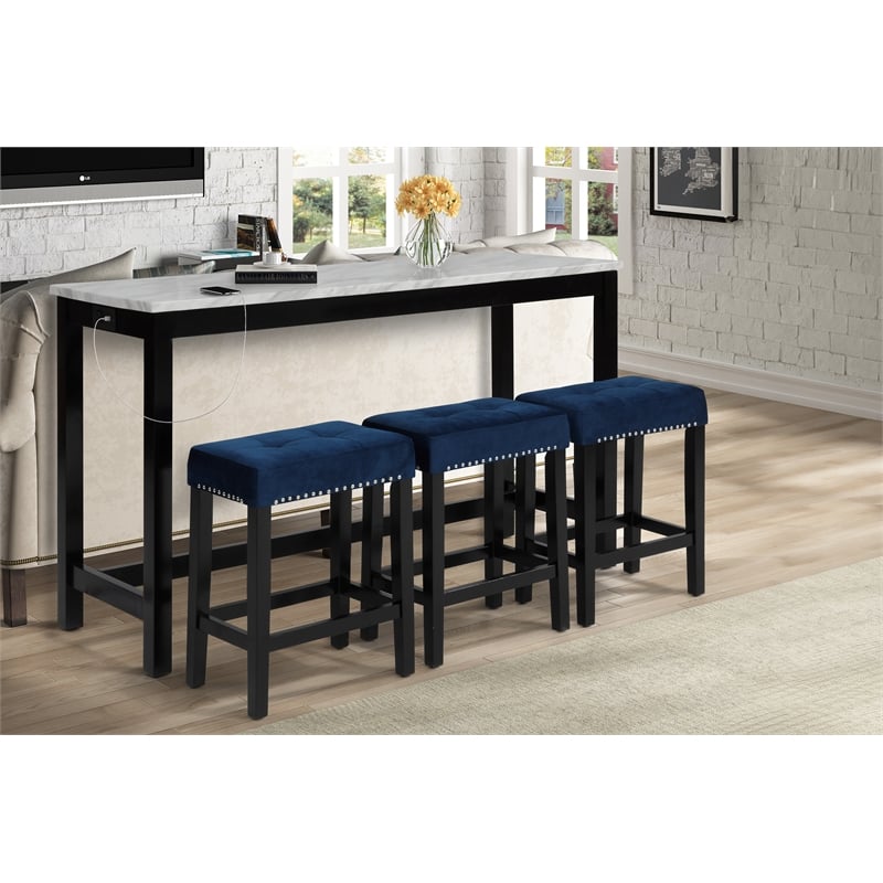 Pemberly Row Contemporary 4-Piece Faux Marble & Wood Bar Set in Blue
