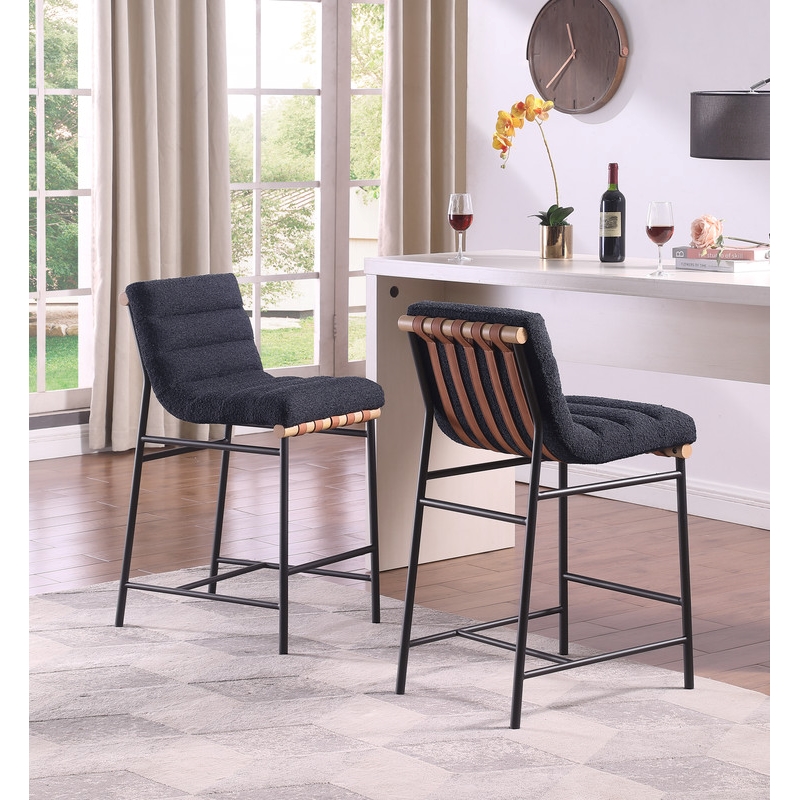 Pemberly Row Black Boucle Fabric Counter Height Chair with Iron Leg Frame
