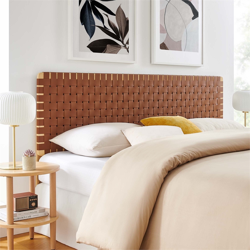 Pemberly Row Weave Vegan Leather King Headboard in Natural Brown