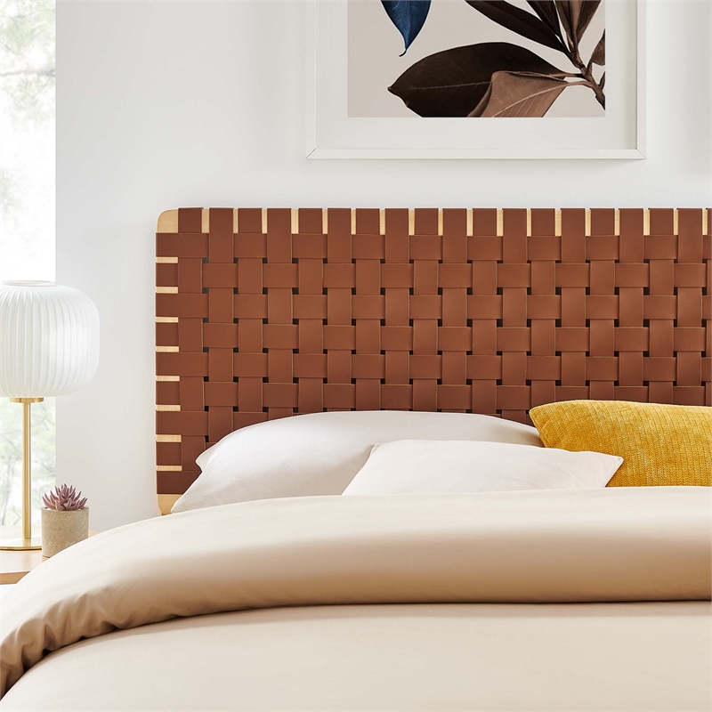 Pemberly Row Weave Vegan Leather King Headboard in Natural Brown