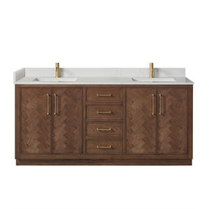 Pemberly Row 72&quot Aged Dark Brown Oak Bath Vanity w/ Silk White Quartz Stone Top