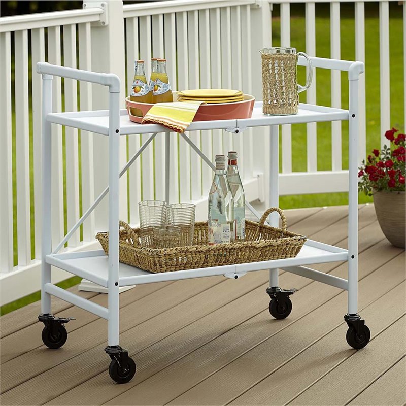 Pemberly Row Transitional Smartfold Folding Serving Bar Cart in White