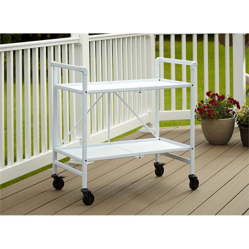 Pemberly Row Transitional Smartfold Folding Serving Bar Cart in White