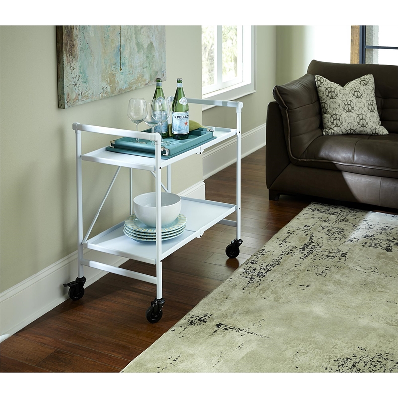 Pemberly Row Transitional Smartfold Folding Serving Bar Cart in White