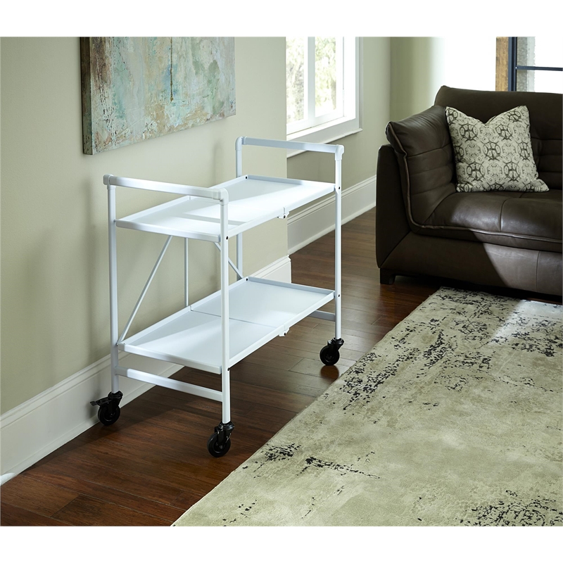 Pemberly Row Transitional Smartfold Folding Serving Bar Cart in White