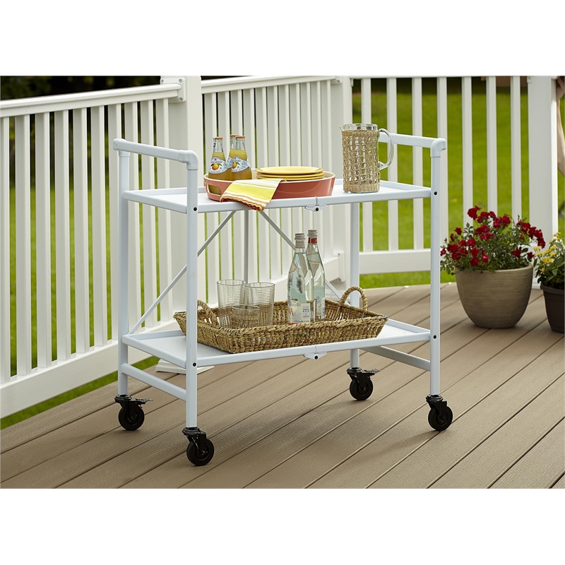Pemberly Row Transitional Smartfold Folding Serving Bar Cart in White