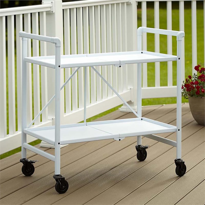 Pemberly Row Transitional Smartfold Folding Serving Bar Cart in White